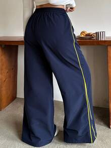 Dazy Plus Plus Size Women Drawstring Waist Casual Streetwear Daily Wear Going Out Vacation Wide Leg Long Pants Fall - Navy Blue - View 2