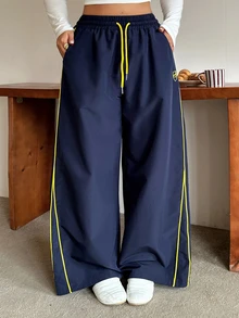 Dazy Plus Plus Size Women Drawstring Waist Casual Streetwear Daily Wear Going Out Vacation Wide Leg Long Pants Fall - Navy Blue - View 7