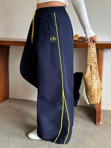 Dazy Plus Plus Size Women Drawstring Waist Casual Streetwear Daily Wear Going Out Vacation Wide Leg Long Pants Fall - Navy Blue - View 1