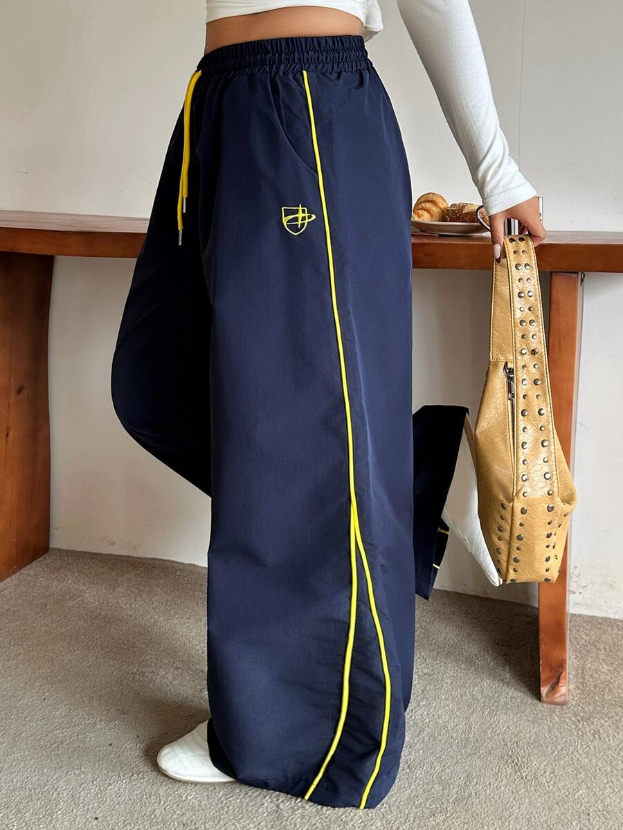 Dazy Plus Plus Size Women Drawstring Waist Casual Streetwear Daily Wear Going Out Vacation Wide Leg Long Pants Fall - Navy Blue - View 1
