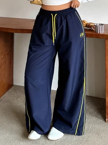 Dazy Plus Plus Size Women Drawstring Waist Casual Streetwear Daily Wear Going Out Vacation Wide Leg Long Pants Fall - Navy Blue - View 3