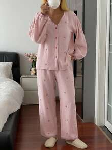 DAZY 2pcs/Set Women's Sweet Cherry Pattern Loose Cardigan Long Sleeve Top & Straight Leg Long Pajama Pants Sleepwear Set - Pink - View 8