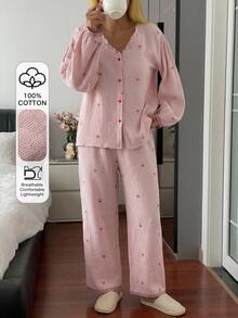 DAZY 2pcs/Set Women's Sweet Cherry Pattern Loose Cardigan Long Sleeve Top & Straight Leg Long Pajama Pants Sleepwear Set - Pink - View 5