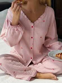 DAZY 2pcs/Set Women's Sweet Cherry Pattern Loose Cardigan Long Sleeve Top & Straight Leg Long Pajama Pants Sleepwear Set - Pink - View 10