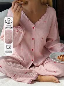 DAZY 2pcs/Set Women's Sweet Cherry Pattern Loose Cardigan Long Sleeve Top & Straight Leg Long Pajama Pants Sleepwear Set - Pink - View 1
