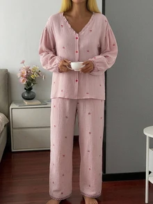 DAZY 2pcs/Set Women's Sweet Cherry Pattern Loose Cardigan Long Sleeve Top & Straight Leg Long Pajama Pants Sleepwear Set - Pink - View 6