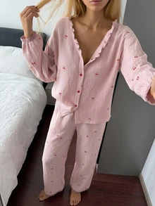 DAZY 2pcs/Set Women's Sweet Cherry Pattern Loose Cardigan Long Sleeve Top & Straight Leg Long Pajama Pants Sleepwear Set - Pink - View 9