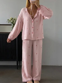 DAZY 2pcs/Set Women's Sweet Cherry Pattern Loose Cardigan Long Sleeve Top & Straight Leg Long Pajama Pants Sleepwear Set - Pink - View 11