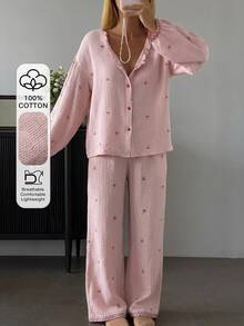 DAZY 2pcs/Set Women's Sweet Cherry Pattern Loose Cardigan Long Sleeve Top & Straight Leg Long Pajama Pants Sleepwear Set - Pink - View 3