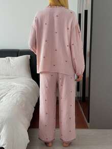 DAZY 2pcs/Set Women's Sweet Cherry Pattern Loose Cardigan Long Sleeve Top & Straight Leg Long Pajama Pants Sleepwear Set - Pink - View 2