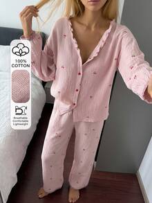 DAZY 2pcs/Set Women's Sweet Cherry Pattern Loose Cardigan Long Sleeve Top & Straight Leg Long Pajama Pants Sleepwear Set - Pink - View 4