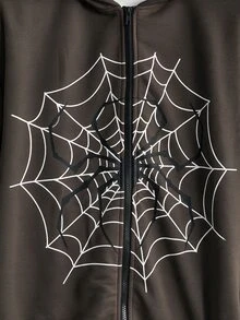 Manfinity RebelGame Loose Fit Men Spider Web Print Zip Up Hoodie Without Tee - Coffee Brown - View 7