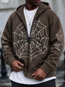 Manfinity RebelGame Loose Fit Men Spider Web Print Zip Up Hoodie Without Tee - Coffee Brown - View 2