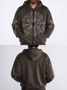 Manfinity RebelGame Loose Fit Men Spider Web Print Zip Up Hoodie Without Tee - Coffee Brown - View 4