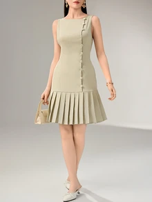 Heiryn Elegant Solid Color Pleated Hem Sleeveless Short Dress - Khaki - View 7