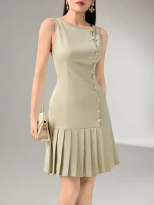 Heiryn Elegant Solid Color Pleated Hem Sleeveless Short Dress - Khaki - View 9