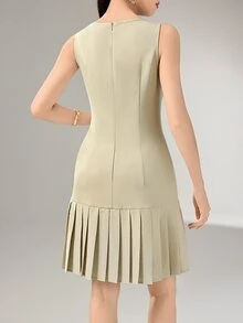 Heiryn Elegant Solid Color Pleated Hem Sleeveless Short Dress - Khaki - View 4