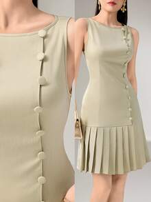 Heiryn Elegant Solid Color Pleated Hem Sleeveless Short Dress - Khaki - View 2
