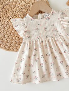 SHEIN 新生女宝宝碎花圆领短袖收腰连衣裙 - 米色 - 查看 6