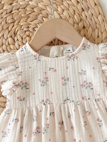 SHEIN 新生女宝宝碎花圆领短袖收腰连衣裙 - 米色 - 查看 7