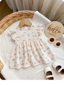 SHEIN 新生女宝宝碎花圆领短袖收腰连衣裙 - 米色 - 查看 3
