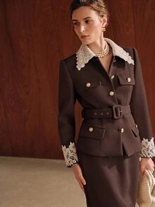 Anewsta 秋冬新款駱駝色優雅休閒百搭專業通勤設計蕾絲拼接 Polo 長袖女款羊毛混紡短夾克附腰帶 - 棕色 - 查看 8