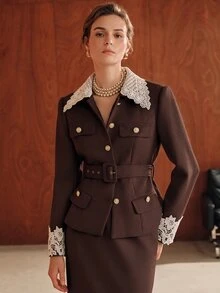 Anewsta 秋冬新款駱駝色優雅休閒百搭專業通勤設計蕾絲拼接 Polo 長袖女款羊毛混紡短夾克附腰帶 - 棕色 - 查看 5