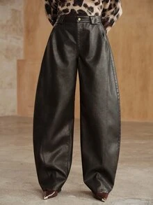Anewsta Autumn/Winter New Women's Casual Professional Commute Lazy Versatile High Waist Distressed Washed PU Curved Leg Pants - Rust Brown - View 4
