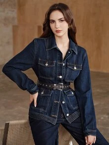 Anewsta Women's New Fashion European & American Style Waist-Cinching Blue Denim Jacket - Blue - View 4