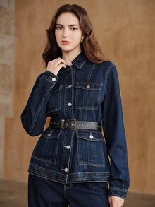 Anewsta Women's New Fashion European & American Style Waist-Cinching Blue Denim Jacket - Blue - View 3
