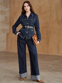 Anewsta Women's New Fashion European & American Style Waist-Cinching Blue Denim Jacket - Blue - View 6