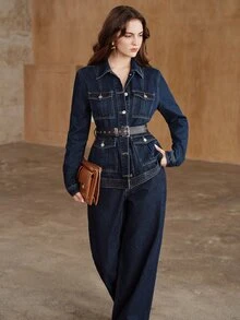 Anewsta Women's New Fashion European & American Style Waist-Cinching Blue Denim Jacket - Blue - View 2