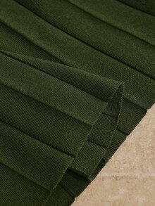 Anewsta Essential Elegant Solid Color Heavyweight Knit Fitted Pleated Dress For Women, Summer - Olive Green - View 8