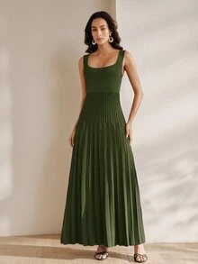 Anewsta Essential Elegant Solid Color Heavyweight Knit Fitted Pleated Dress For Women, Summer - Olive Green - View 4