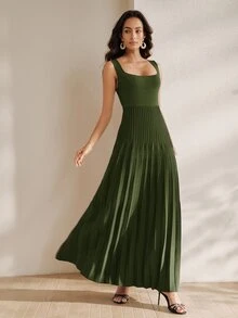 Anewsta Essential Elegant Solid Color Heavyweight Knit Fitted Pleated Dress For Women, Summer - Olive Green - View 5