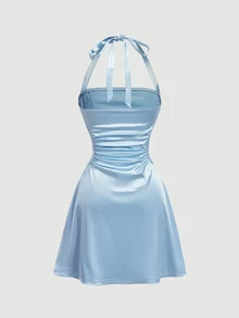 SHEIN MOD 女款亮片百褶優雅收腰掛脖派對洋裝 - 藍色 - 查看 6