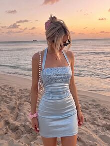 SHEIN MOD 女款亮片百褶優雅收腰掛脖派對洋裝 - 藍色 - 查看 5