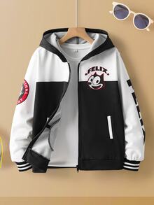 SHEIN Felix The Cat Tween Boy Cartoon Casual Zip-Up Hooded Long Sleeve Sweatshirt - Black - View 2