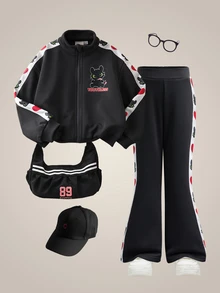 SHEIN How to Train Your Dragon Young Girl Autumn Casual Everyday Commute Sporty Cute Cartoon Heart Print Contrast Sideseam Zip-Up High Collar Sweatshirt And Flared Sweatpants Set - Grey - View 1