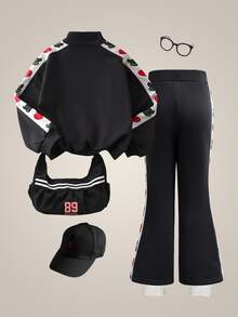 SHEIN How to Train Your Dragon Young Girl Autumn Casual Everyday Commute Sporty Cute Cartoon Heart Print Contrast Sideseam Zip-Up High Collar Sweatshirt And Flared Sweatpants Set - Grey - View 2