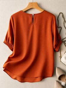 Linhara CURVE Plus Size Women's Summer Round Neck Short Sleeve Design Hollow Lace Patchwork Casual Boho Everyday Burnt Orange Textured Pullover Blouse Vacation - Orange - View 2