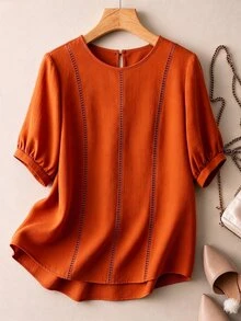 Linhara CURVE Plus Size Women's Summer Round Neck Short Sleeve Design Hollow Lace Patchwork Casual Boho Everyday Burnt Orange Textured Pullover Blouse Vacation - Orange - View 4