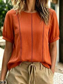 Linhara CURVE Plus Size Women's Summer Round Neck Short Sleeve Design Hollow Lace Patchwork Casual Boho Everyday Burnt Orange Textured Pullover Blouse Vacation - Orange - View 3