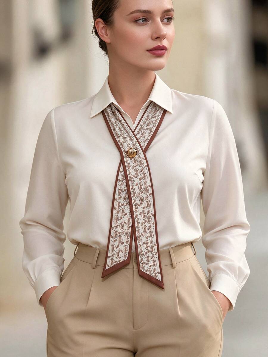 Cravure Plus Size Women's Autumn/Winter Scarf Collar Contrast Color Elegant Dressy Commute Office Formal Daily Blouse Fall White - Apricot - View 1