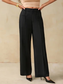 SHEIN Tall Women's Solid Black Fake Pocket Design Straight Leg Casual Elegant Pants,Business Office,Straight Leg Pants,Teacher's Clothing,Office,Fall/Winter,Tall - Black - View 3