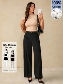 SHEIN Tall Women's Solid Black Fake Pocket Design Straight Leg Casual Elegant Pants,Business Office,Straight Leg Pants,Teacher's Clothing,Office,Fall/Winter,Tall - Black - View 9