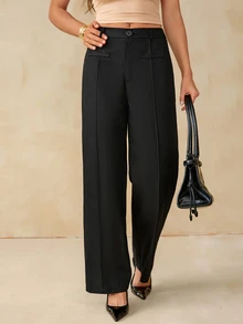 SHEIN Tall Women's Solid Black Fake Pocket Design Straight Leg Casual Elegant Pants,Business Office,Straight Leg Pants,Teacher's Clothing,Office,Fall/Winter,Tall - Black - View 4