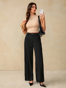 SHEIN Tall Women's Solid Black Fake Pocket Design Straight Leg Casual Elegant Pants,Business Office,Straight Leg Pants,Teacher's Clothing,Office,Fall/Winter,Tall - Black - View 6