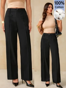 SHEIN Tall Women's Solid Black Fake Pocket Design Straight Leg Casual Elegant Pants,Business Office,Straight Leg Pants,Teacher's Clothing,Office,Fall/Winter,Tall - Black - View 1