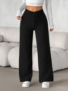 SHEIN PETITE Women's Casual Plain Elegant Waist Cross Fit Straight Pants,Petite Women Work Office Black Autumn,Winter,Thermal Fabric,Petite - Black - View 7